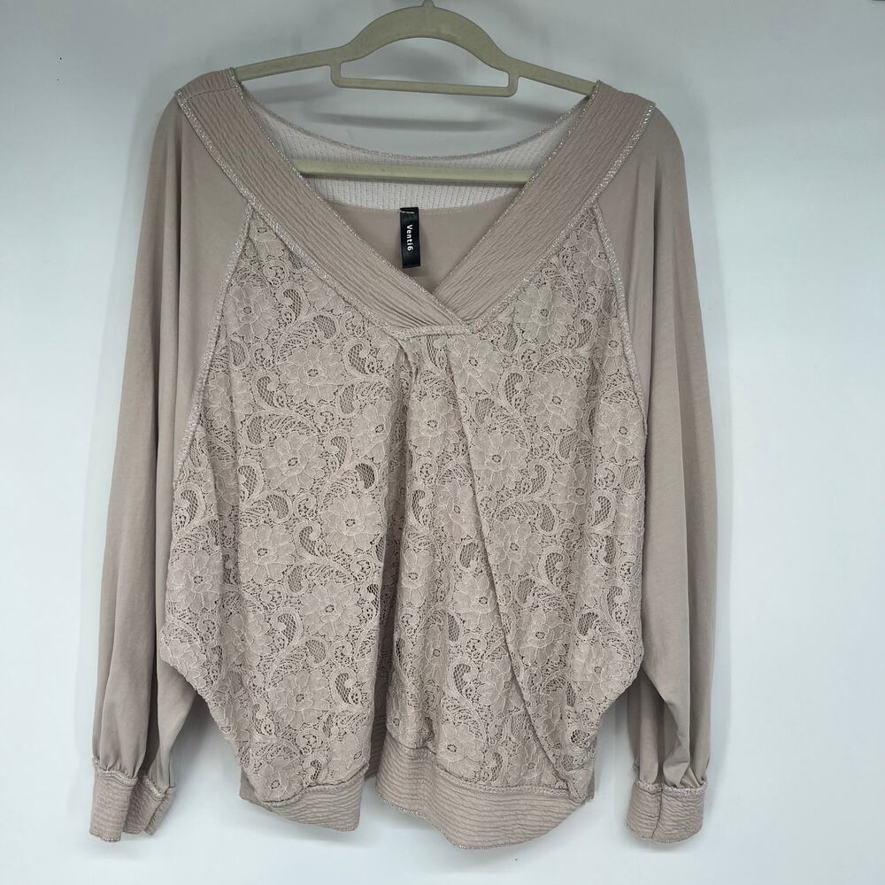 Venti6 V-Neck Lace Top Women's Size S Beige Silver Trim Relaxed Fit Casual